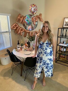 Lulu's White Midi Dress with Blue Floral Print